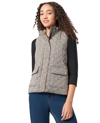 Jones New York Women's Quilted Plaid Patch Pocket Vest with Snaps and Zipper Jacket