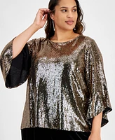 Kasper Plus Size Mirror-Dot Metallic Bell-Sleeve Top