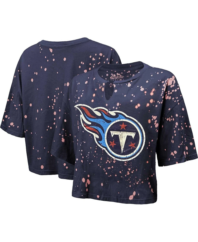 Majestic Women's Navy Tennessee Titans Bleach Splatter Notch Neck Crop T-Shirt