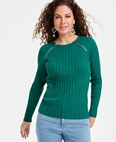 I.n.c. International Concepts Women's Zipper Detail Ribbed Long Sleeve Sweater, Created for Macy's