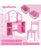 Costway Kids Vanity Table & Chair Set 2-in-1 Princess Pretend Play Makeup