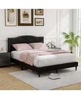 Queen Size Upholstered Bed Frame with Nailhead Trim Headboard Wooden Slats Support