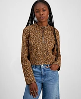 Tinseltown Juniors' Leopard-Print Zip-Up Moto Jacket