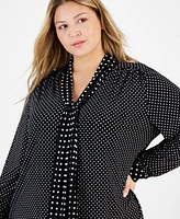 Anne Klein Plus Dot-Print Scarf-Neck Long-Sleeve Top