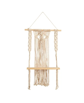 Slickblue 24" Boho Chic Wood Macrame Single Shelf Woven Diamond