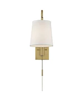 Luca Mid Century Modern Indoor Swing Arm Wall Mounted Lamp Brass Finish Metal Plug-In Light Fixture Fabric Shade for Bedroom Bedside House Reading Liv