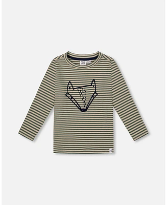 Deux par Deux Baby Boys Baby Super Soft Striped T-Shirt With Print Green And Beige