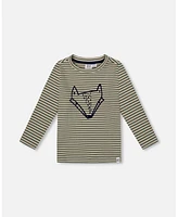 Deux par Baby Boys Super Soft Striped T-Shirt With Print Green And Beige