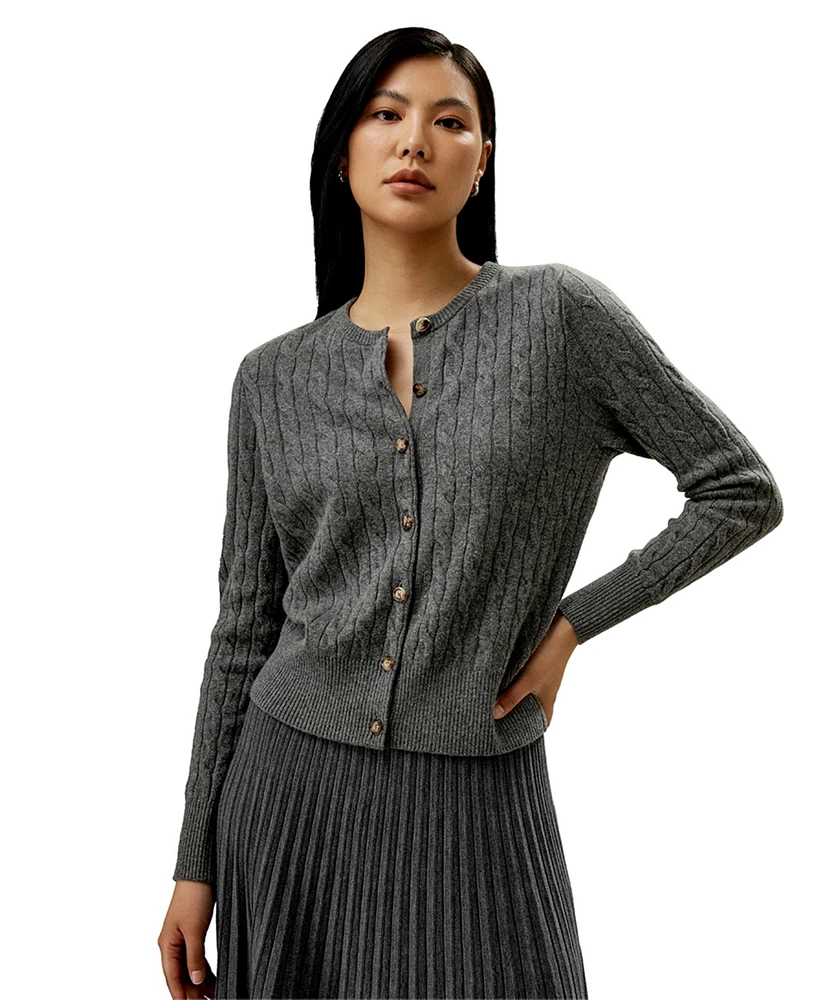 Lilysilk Women's Cable-Knit Cashmere Crewneck Cardigan