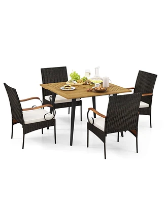 Costway 5 Pcs Patio Pe Wicker Dining Set Table and Chairs with Cushions 1.9" Umbrella Hole