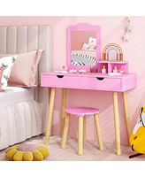 Costway Kid Vanity Table Chair Set with Mirror Large Storage Drawers Wooden Legs