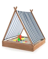 Costway Wooden Sandbox with Canopy Tent Design Fir Wood Frame 2 Bench Seats Bottom