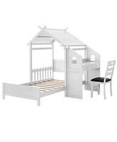 Costway Twin House Bed with Desk & Chair with 2 Drawers Windmill Fence & Headboard for Teens