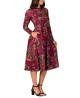 24seven Comfort Apparel Women's Wine Paisley Midi Length Long Sleeve Pocket Dress