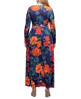 24seven Comfort Apparel Women's Navy Floral Print Long Sleeve Side Slit Maxi Dress