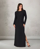 24seven Comfort Apparel Women's Fitted Long Sleeve Shimmery Side Slit Maxi Dress