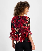 Kasper Women's Floral-Print Bell-Sleeve Scoop-Neck Top, Regular and Petite Sizes