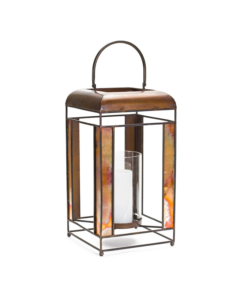 Slickblue Brozne Metal Candle Holder With Decorative Amber Glass Panes And Hurricane