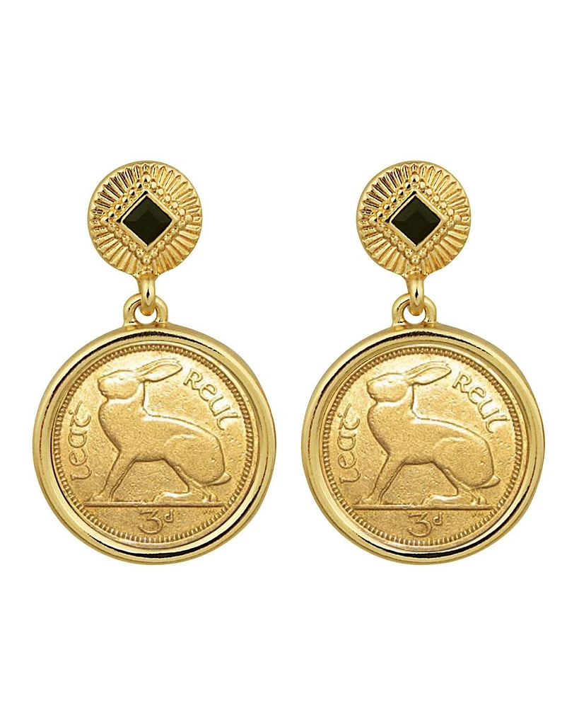 American Coin Treasures 17095 Gold Layered 3 Pence Coin Goldtone Art Decor Earrings with Black Stone, Gold