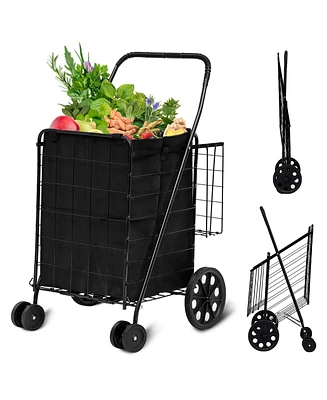 Sugift Folding Shopping Cart with Removable Waterproof Liner, 360° Swivel Wheels, Heavy Duty Utility Cart for Shopping