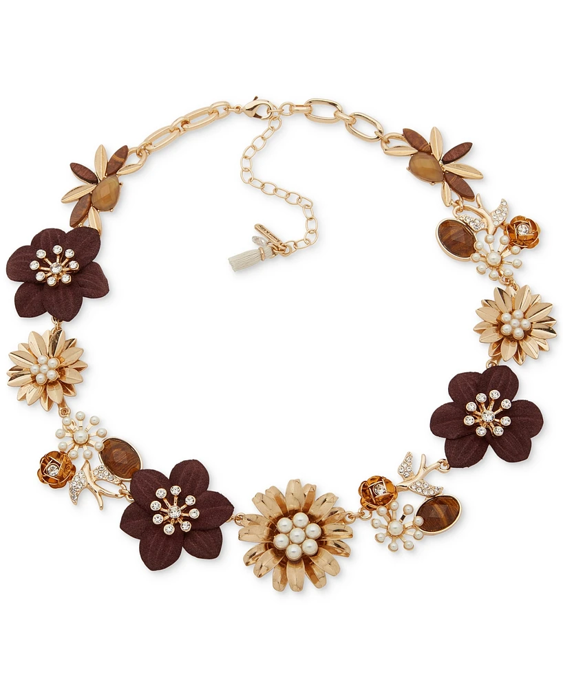 lonna & lilly Gold-Tone Brown Flower Imitation Pearl Cluster Frontal Necklace, 16" + 3" extender