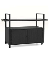 Outdoor Bar Cart with Tempered Glass Top Storage Cabinet & 8 Hooks for Porch