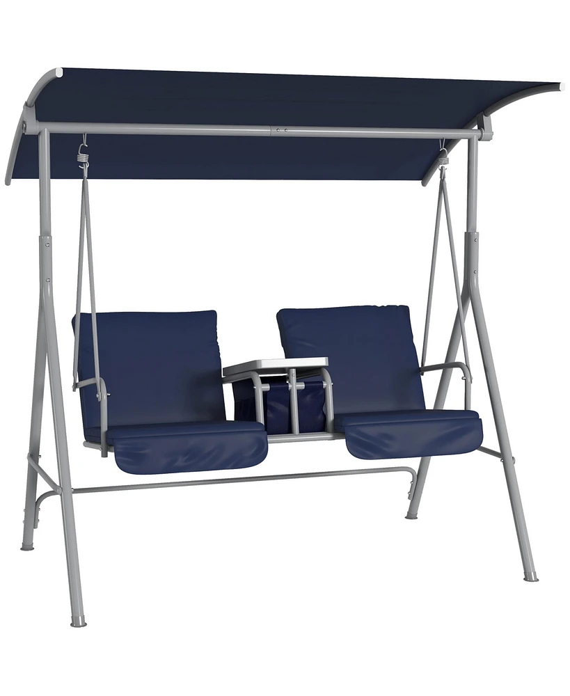 Outsunny 2 Person Porch Swing with Canopy, Table, Storage Console, Blue