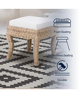 Jonathan Y Rowan 19.7" Bohemian Designer Woven Rattan/Wood Vanity Stool, White Cushion with Natural Frame