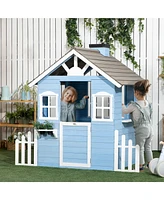 Outsunny Wooden Playhouse for Kids Outdoor with Flower Pot Holders, Blue