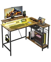 Homcom Reversible L Shaped Desk with Lights Power Outlet Usb Ports, Brown