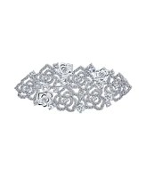 Bling Jewelry Feminine Pave Crystal Fashion Gatsby Art Deco Style Cluster of Floral Roses Scarf Brooch Pin For Women Silver Plated Brass