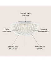 Jonathan Y Allison 15" 3-Light Shabby Chic Farmhouse Wood Beaded/Metal Led Flush Mount, White