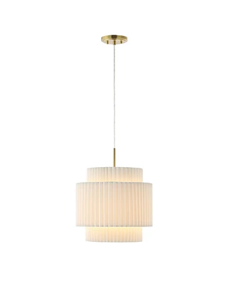 Jonathan Y Boden 14.5" 1-Light Vintage Mid-Century Iron Led Pendant with Pleated Shade, Brass Gold/White