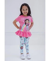 Dreamworks Gabby's Dollhouse Girls Pandy Paws Baby Box Cakey Cat Peplum T-Shirt and Leggings Outfit Set to