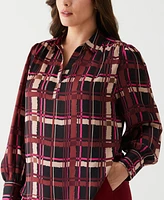 Ella Rafaella Plus Plaid Shirred Split Neck Long Sleeve Blouse