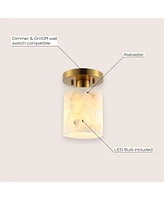 Jonathan Y Jules 5.13" 1-Light Modern Contemporary Alabaster/Iron Cylinder Led Semi Flush Mount, White Marbling/Brass Gold
