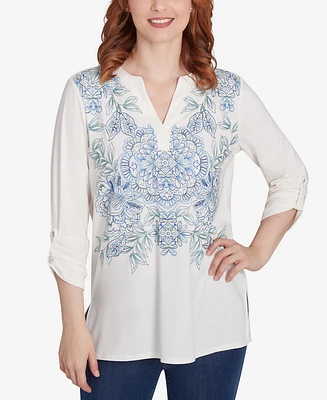 Ruby Rd. Petite V-Neck Floral Placement Embroidered Knit Top