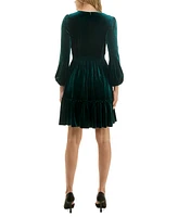 Taylor Petite V-Neck Long-Sleeve Smocked-Waist Velvet Dress