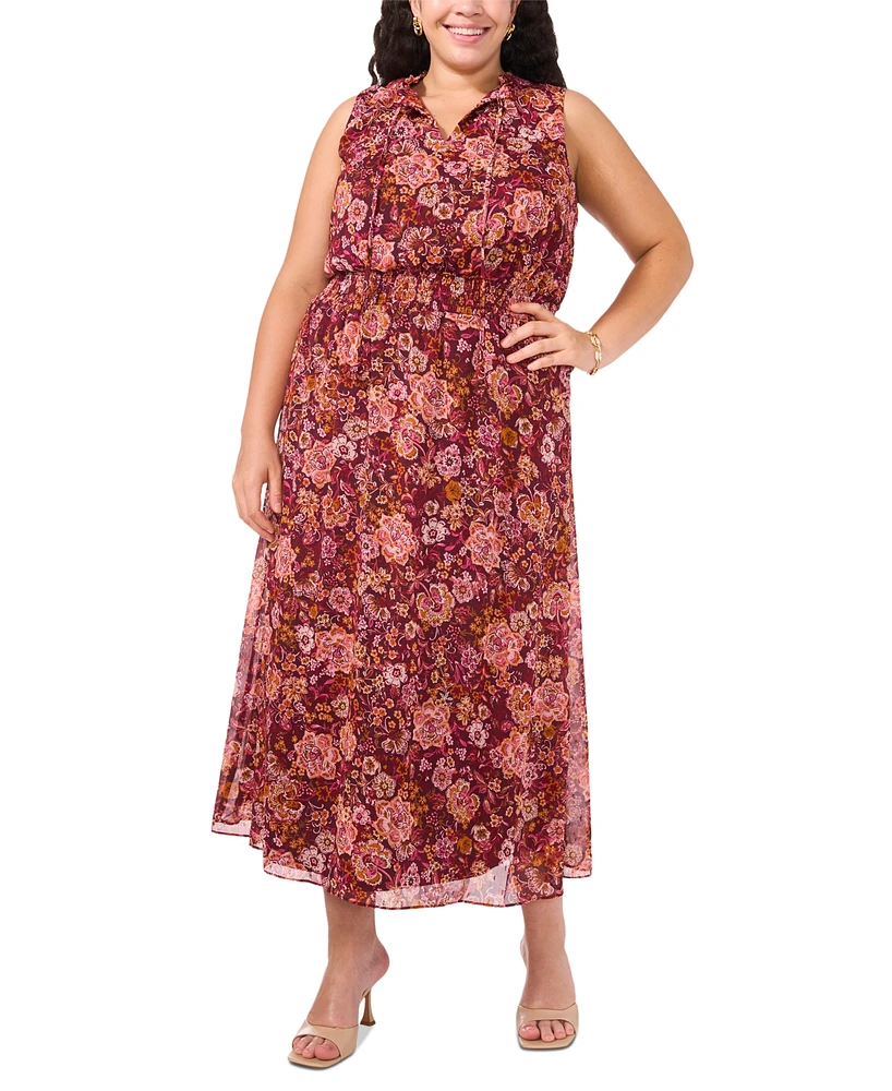 Msk Plus Floral Chiffon Smocked-Waist Tie-Neck Dress