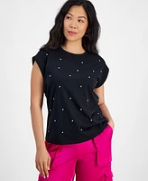 I.n.c. International Concepts Petite Embellished Roll-Sleeve Top, Created for Macy's