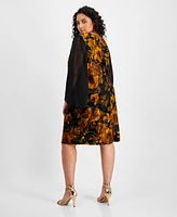 Connected Plus Sheer-Sleeve Printed Velvet Dress