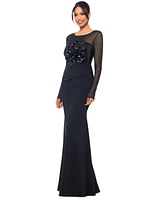 Betsy & Adam Women's Sequined Rosette Illusion Gown