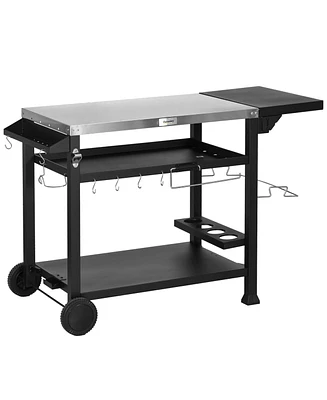 Outsunny Movable Stainless Steel 3-Shelf Outdoor Grill Cart w/ Side Table