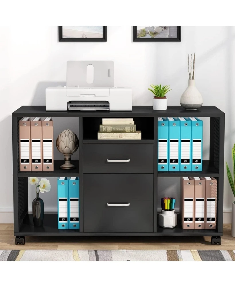 Tribesigns 2 Drawer Wood File Cabinet, Mobile Lateral Filing Cabinet, Modern Storage Cabinets Printer Stand with Open Storage Shelves, Letter Size