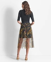 Dkny Women's Printed Logo-Waistband Tulle Mesh Skirt