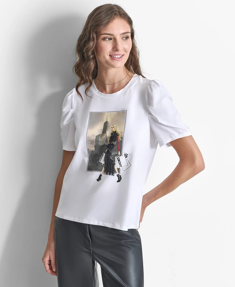 Dkny Women's Crewneck Fashion-Graphic Puff-Sleeve Top