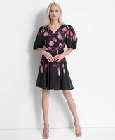 Dkny Petite Floral Tie-Waist Balloon-Sleeve Dress