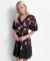 Dkny Women's Floral Tie-Waist Balloon-Sleeve Dress