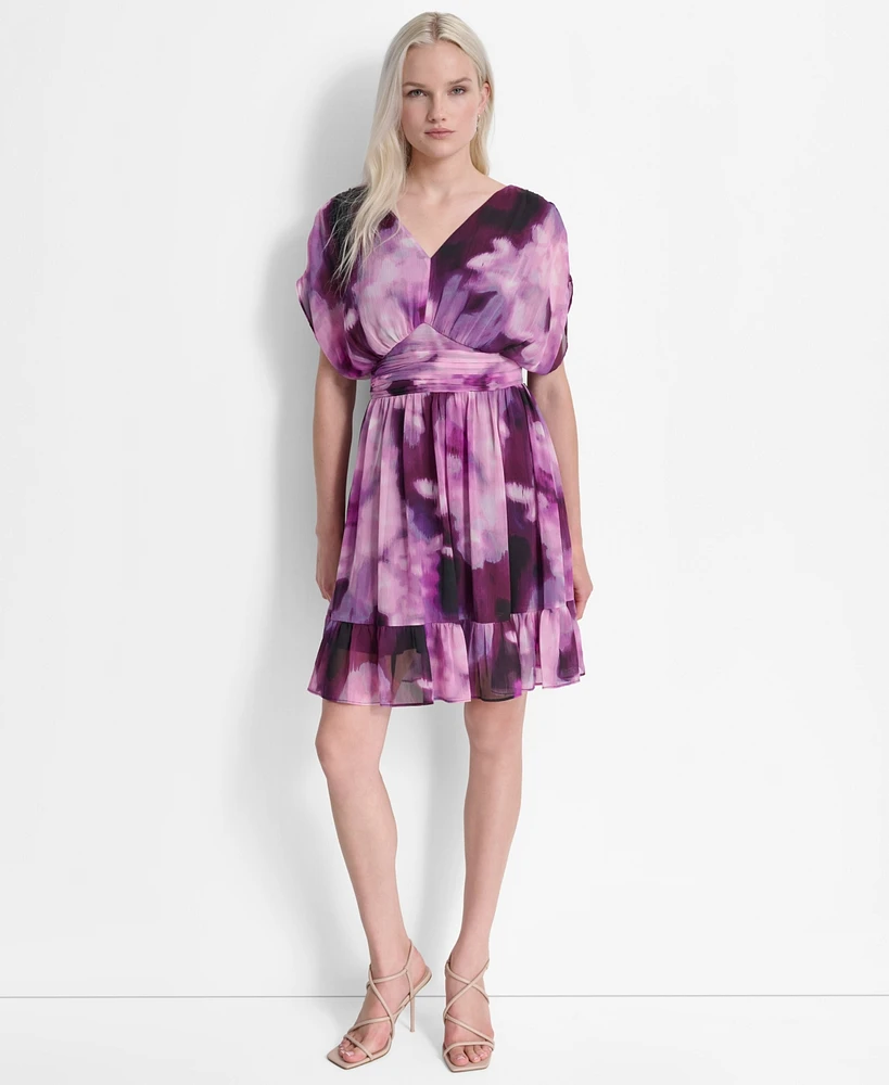 Dkny Women's Printed Ruched-Waist Blouson-Sleeve Dress