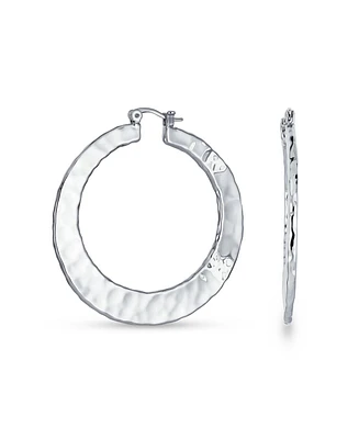 Bling Jewelry Boho Style Fashion Textured Hammered Flat Large Hoop Earrings For Women For Silver Plated Brass 2 Inch